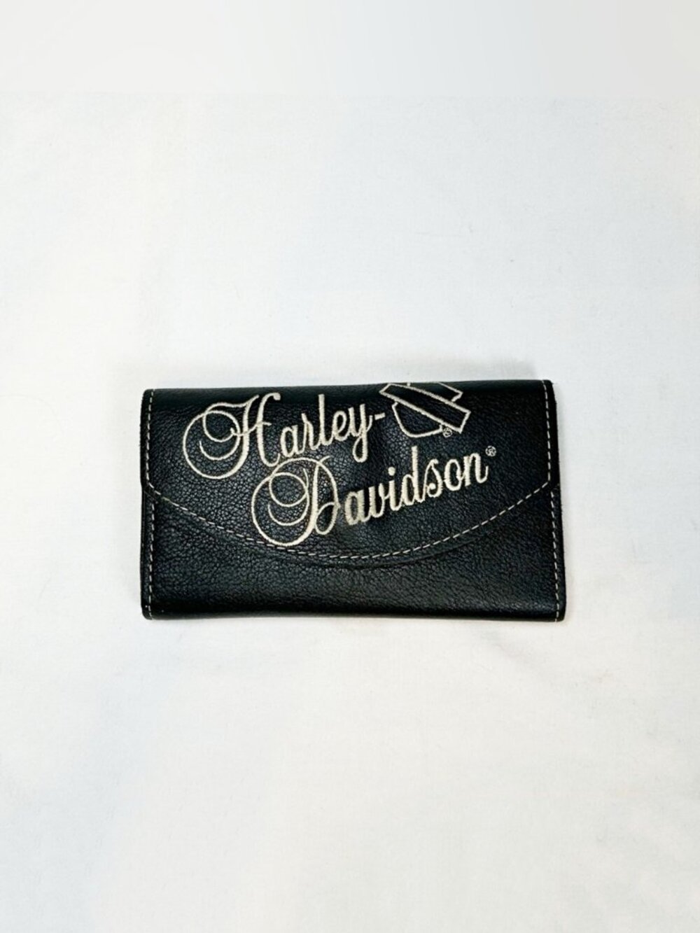 Vintage Y2K Harley-Davidson Womens Black Tri-fold Embroidered Leather Wallet